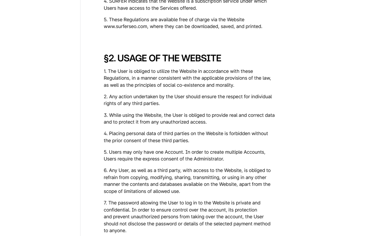 Section 2 Usage of the Website of Surfer's Regulations, including the rule that users may only have one account and clause 6, which obliges any user or third party to refrain from copying, modifying, sharing, transmitting or otherwise using the contents and databases available on the website