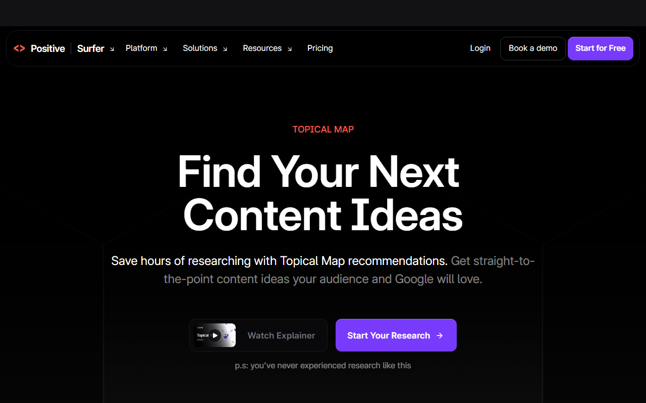 Surfer Topical Map page headed Find Your Next Content Ideas, Save hours of researching with Topical Map recommendations, with a Start Your Research button, with the top banner masked because it names a person