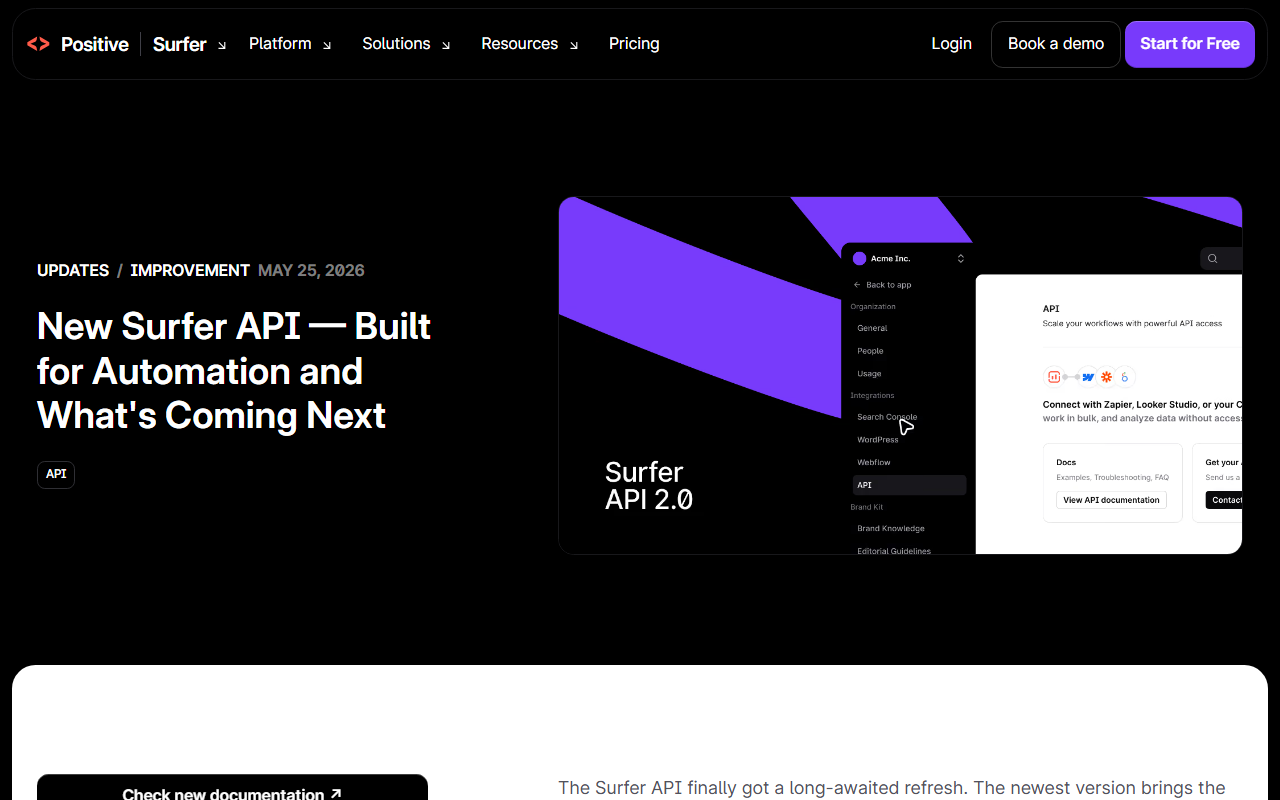 Surfer update post dated May 25, 2026 titled New Surfer API, Built for Automation and What's Coming Next, with an image labelled Surfer API 2.0