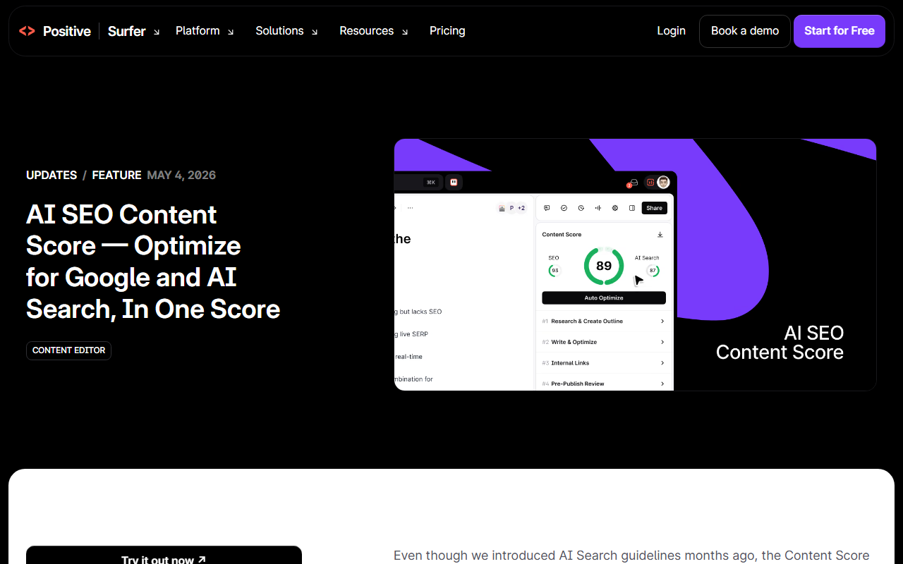 Surfer update post dated May 4, 2026 titled AI SEO Content Score, Optimize for Google and AI Search, In One Score, with an image of the Content Editor showing a score of 89