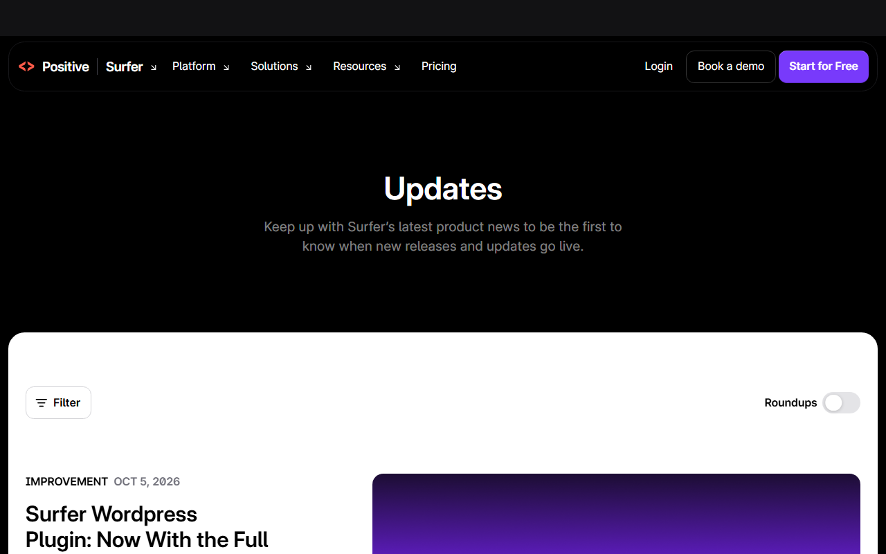 Surfer Updates page headed Keep up with Surfer's latest product news, with a filter and the latest entry, an improvement dated October 5, 2026 about the Surfer WordPress plugin now with the full Content Editor, with the top banner masked because it names a person