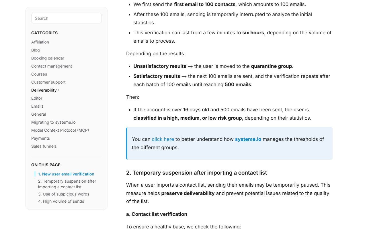 Systeme.io deliverability help article: the first email goes to 100 contacts, sending pauses to analyze statistics for a few minutes to six hours, unsatisfactory results move the user to the quarantine group, satisfactory results release the next 100 until 500 emails, then accounts over 16 days old are classed as high, medium or low risk; next section Temporary suspension after importing a contact list