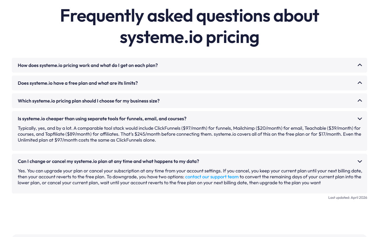 Systeme.io pricing FAQ with two answers expanded: Is systeme.io cheaper than using separate tools, answering Typically yes and listing ClickFunnels 97 dollars a month, Mailchimp 20, Teachable 39 and Tapfiliate 89 for 245 dollars a month; and Can I change or cancel my systeme.io plan at any time, saying you keep your plan until the next billing date then revert to the free plan, with two downgrade options; Last updated April 2026