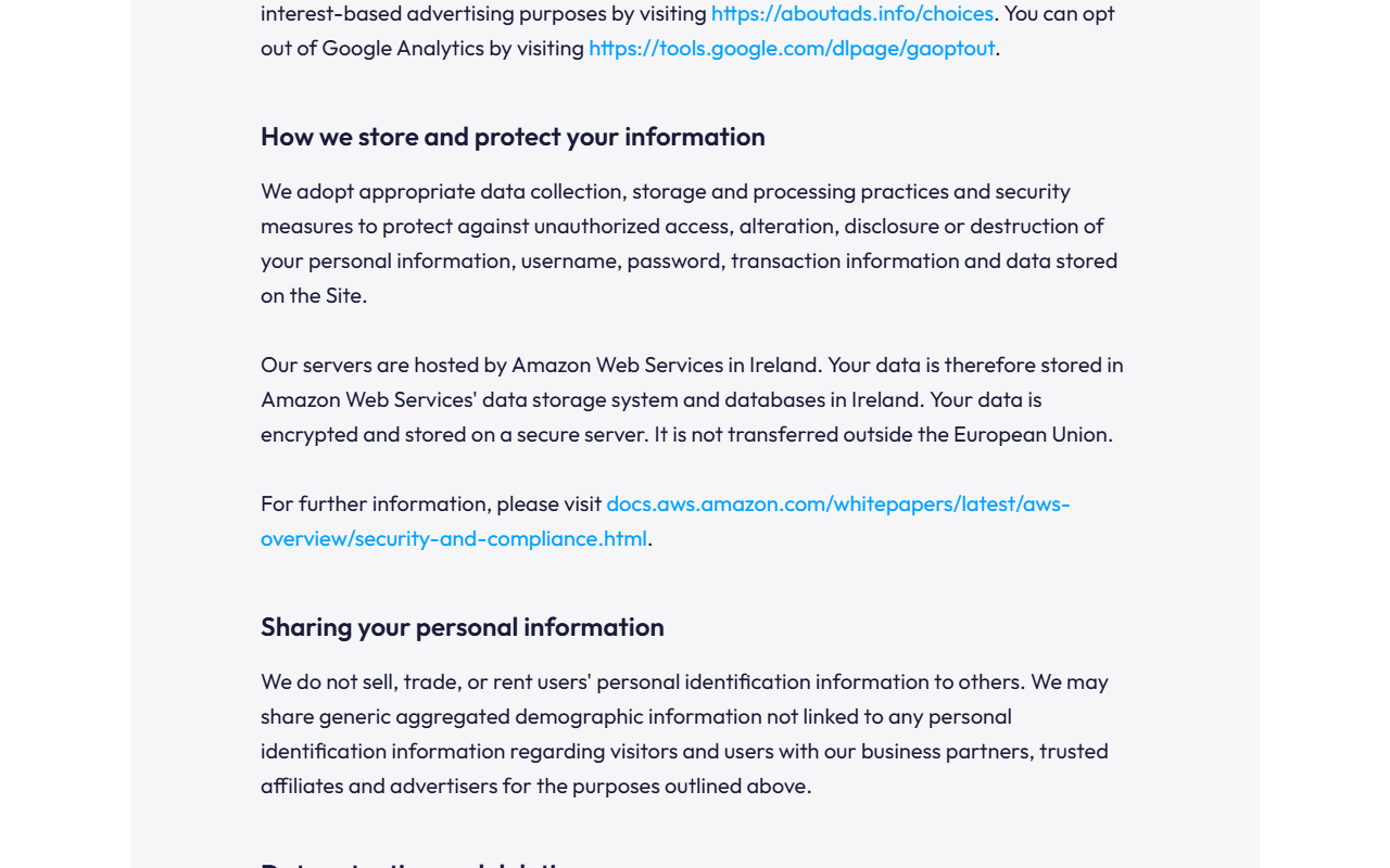 Systeme.io privacy policy section How we store and protect your information: servers are hosted by Amazon Web Services in Ireland, data is stored in AWS databases in Ireland, encrypted and not transferred outside the European Union, with a link to AWS security documentation, followed by Sharing your personal information