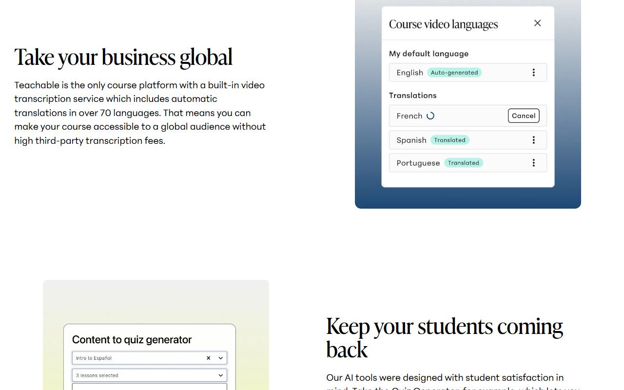 Teachable AI tools page section Take your business global, claiming Teachable is the only course platform with a built-in video transcription service including automatic translations in over 70 languages, beside a Course video languages panel showing English auto-generated and French, Spanish and Portuguese translations, and below it a Content to quiz generator card