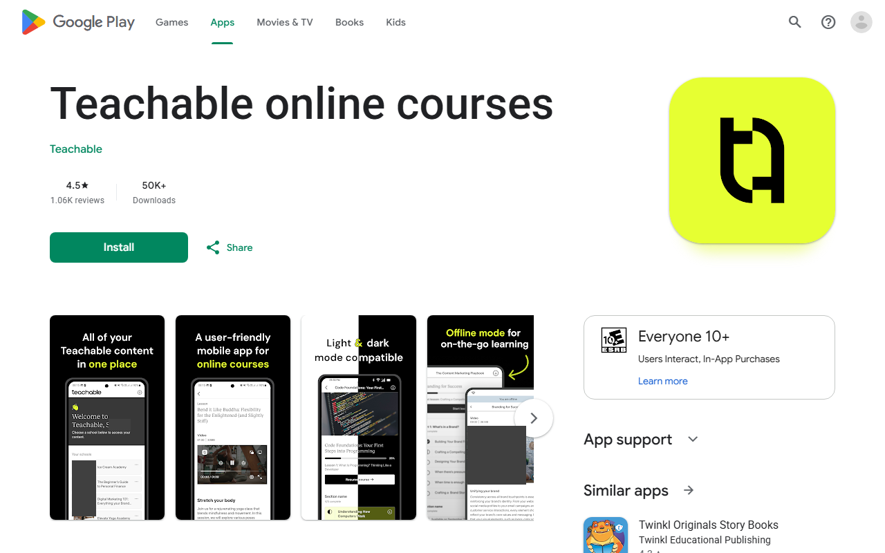 US Google Play listing for Teachable online courses by Teachable with a 4.5 star rating from 1.06K reviews, 50K plus downloads, an Install button, a rating of Everyone 10 plus, and app screenshots about offline mode and a user-friendly mobile app for online courses (people’s photos and a demo user name inside the screenshots are masked)