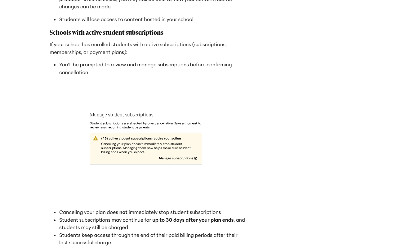 Teachable help article Cancel Your Paid School Plan, section Schools with active student subscriptions, with a prompt image titled Manage student subscriptions warning that active student subscriptions require action, and bullets saying canceling the plan does not immediately stop student subscriptions and that student subscriptions may continue for up to 30 days after the plan ends and students may still be charged