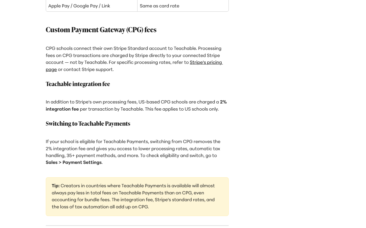 Teachable help article section Custom Payment Gateway fees, saying CPG schools connect their own Stripe Standard account and pay Stripe directly, that US-based CPG schools are charged a 2 percent integration fee per transaction by Teachable which applies to US schools only, and a tip that creators in Teachable Payments countries will almost always pay less on Teachable Payments