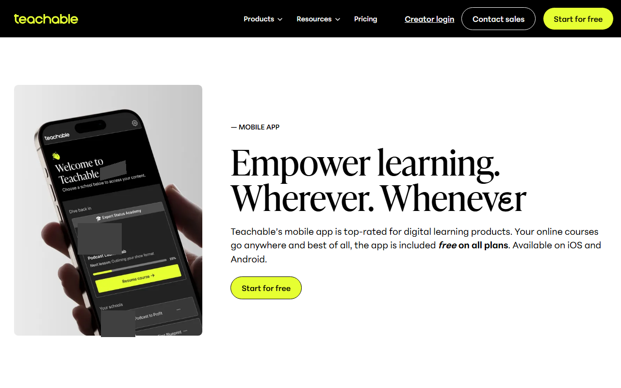 Teachable mobile app page headed Empower learning. Wherever. Whenever, saying the app is top-rated for digital learning products and included free on all plans on iOS and Android, beside a phone showing a Welcome to Teachable screen with course cards (a demo user name and course photos of people are masked)