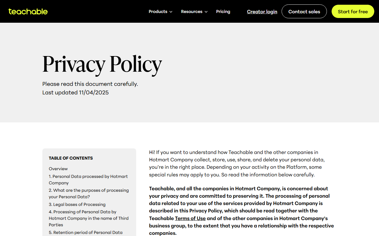 Teachable Privacy Policy page, last updated 11/04/2025, with a table of contents beginning Personal Data processed by Hotmart Company, and an introduction explaining how Teachable and the other companies in Hotmart Company collect, store, use, share and delete personal data