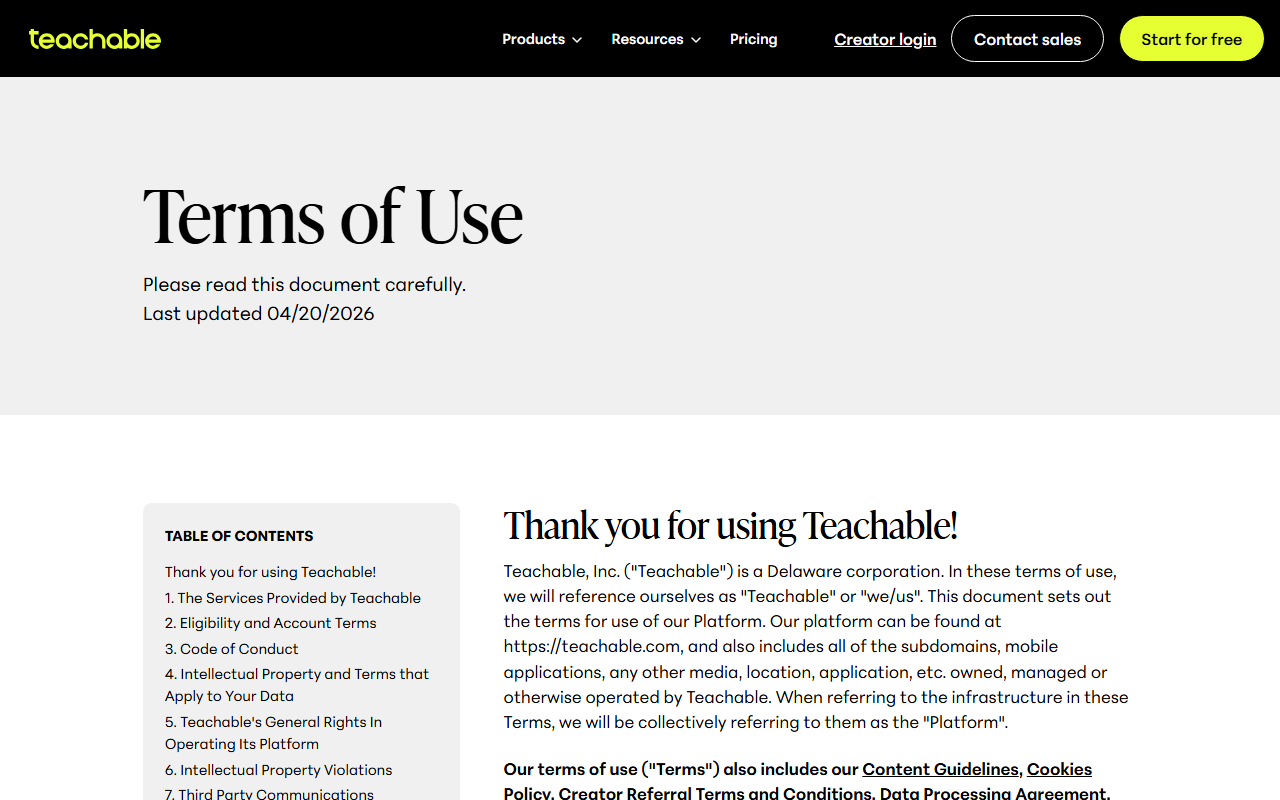 Teachable Terms of Use page, last updated 04/20/2026, with a table of contents and the opening Thank you for using Teachable stating that Teachable, Inc. is a Delaware corporation and that the terms include the Content Guidelines, Cookies Policy, Creator Referral Terms and Conditions and Data Processing Agreement