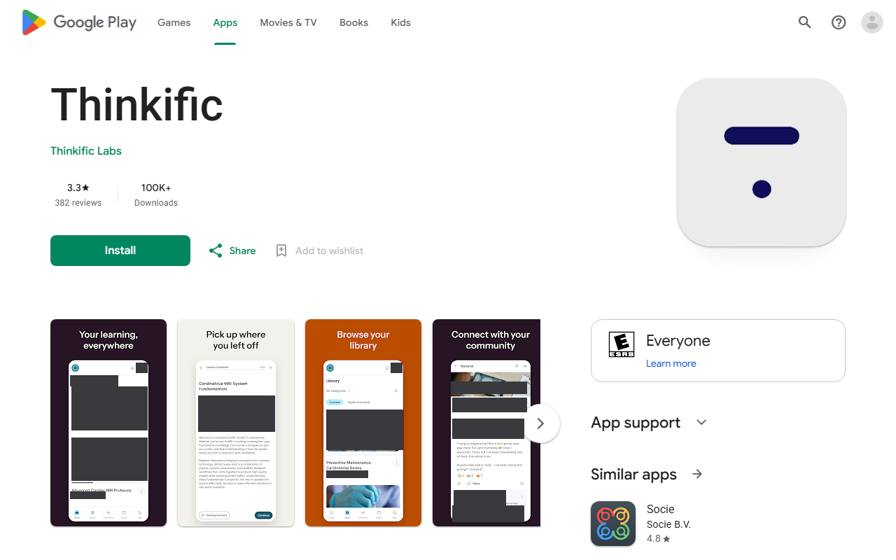 Google Play US listing for Thinkific by Thinkific Labs showing 3.3 stars from 382 reviews, 100K+ downloads, an Install button and app screenshots (photos and names in the app screenshots are masked)