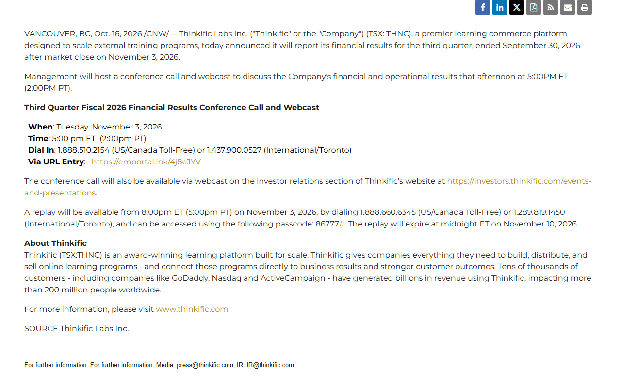 Thinkific release dated Oct. 16, 2026 announcing that it will report third quarter results for the period ended September 30, 2026 after market close on November 3, 2026, with a conference call at 5:00 pm ET