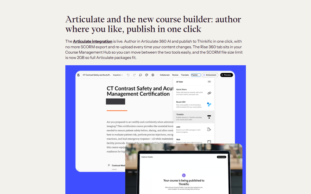 Thinkific September 2026 product update post, section Articulate and the new course builder: author where you like, publish in one click, describing one-click publishing from Articulate 360 AI to Thinkific and a SCORM file size limit raised to 2GB, above an image of an Articulate course being published to Thinkific (an author name is masked)