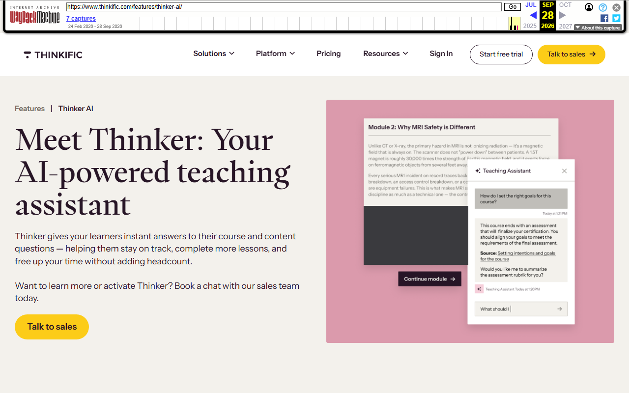 Thinkific feature page headed Meet Thinker: Your AI-powered teaching assistant, saying Thinker gives learners instant answers to course questions and inviting readers to book a chat with the sales team, with a Talk to sales button and a course player mock-up showing a Teaching Assistant panel, shown inside the Internet Archive toolbar (the photo of people is masked)