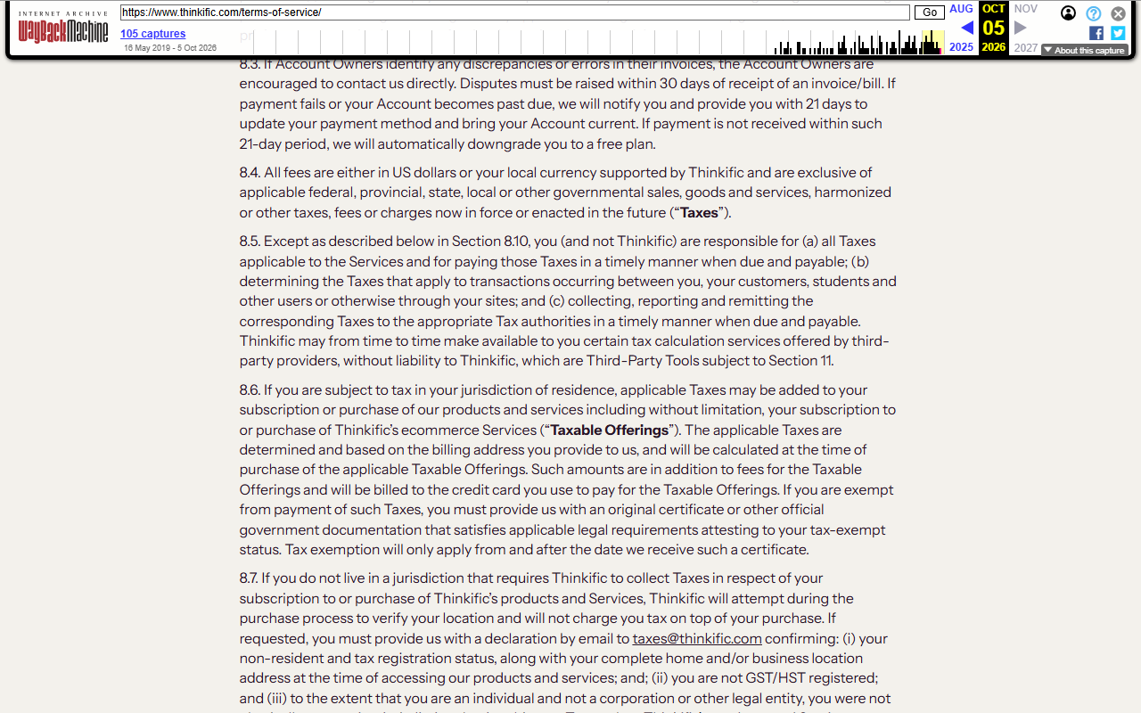 Thinkific Terms of Service clauses 8.3 to 8.7, including the rule that after a failed payment the account owner has 21 days to update the payment method before an automatic downgrade to a free plan, and that fees are in US dollars or local currency, shown inside the Internet Archive toolbar