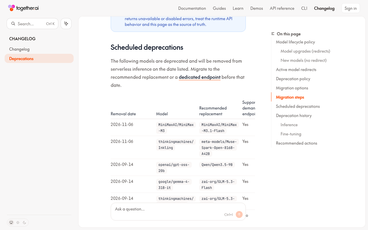 Together AI Deprecations page section Scheduled deprecations with a table of removal dates: 2026-11-06 for MiniMax-M3 replaced by MiniMax-M3.1-Flash and for Inkling replaced by Muse Spark Open, and 2026-09-14 for gpt-oss-20b, gemma-4-31B-it and Inkling-Small, with a column saying on-demand dedicated endpoints are supported