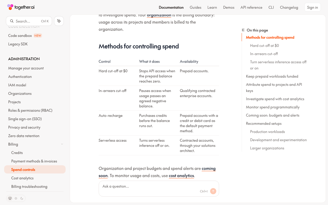 Together AI docs Spend controls page with a Methods for controlling spend table: hard cut-off at $0 for prepaid accounts, in-arrears cut-off for qualifying enterprise accounts, auto-recharge for prepaid accounts with a card, serverless access toggle for contracted accounts, and a note that budgets and spend alerts are coming soon