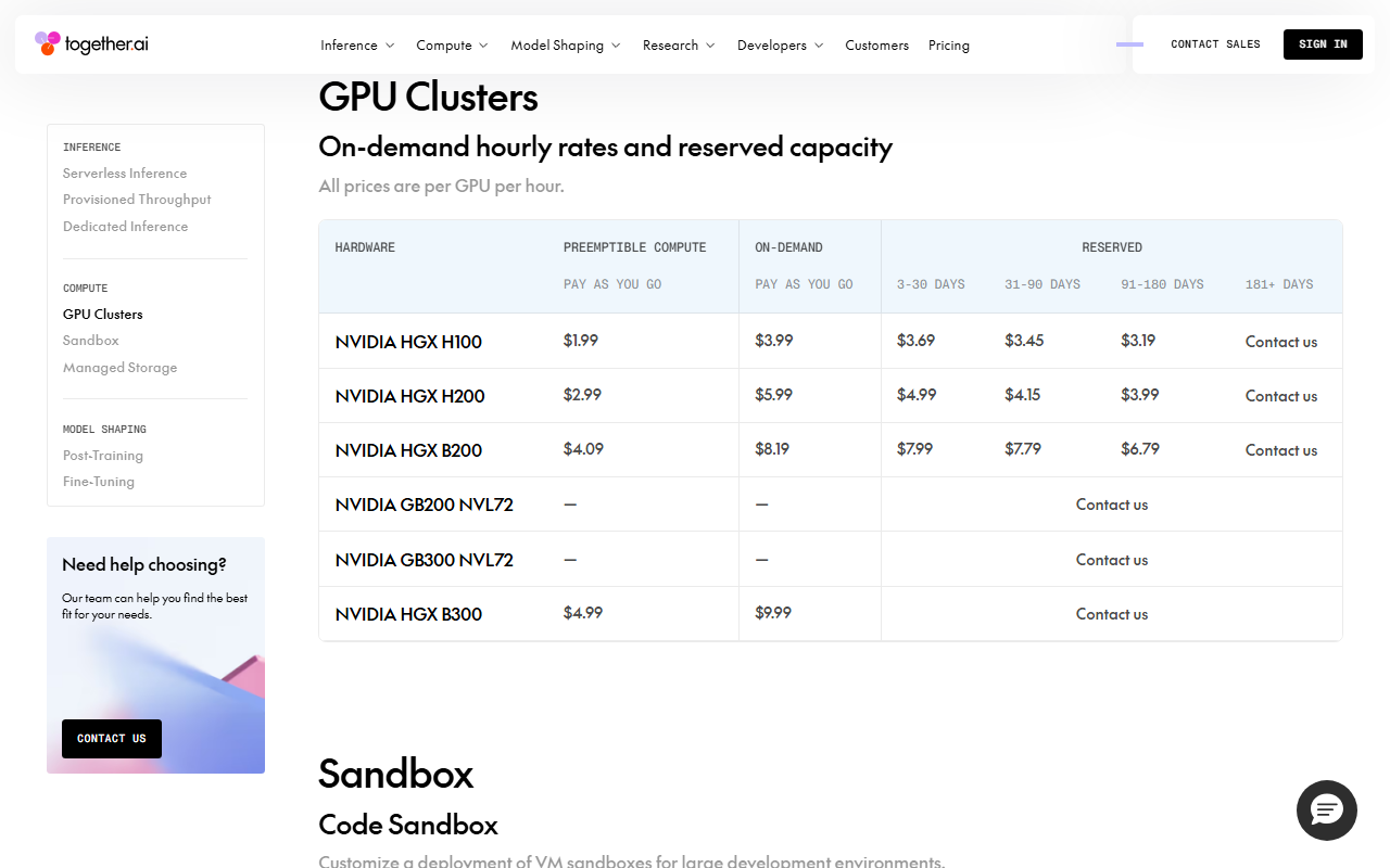 Together AI pricing page GPU Clusters table of per-GPU-hour prices: NVIDIA HGX H100 $1.99 preemptible, $3.99 on demand and reserved $3.69, $3.45 and $3.19; H200 $2.99 and $5.99; B200 $4.09 and $8.19; B300 $4.99 and $9.99; GB200 and GB300 NVL72 contact us