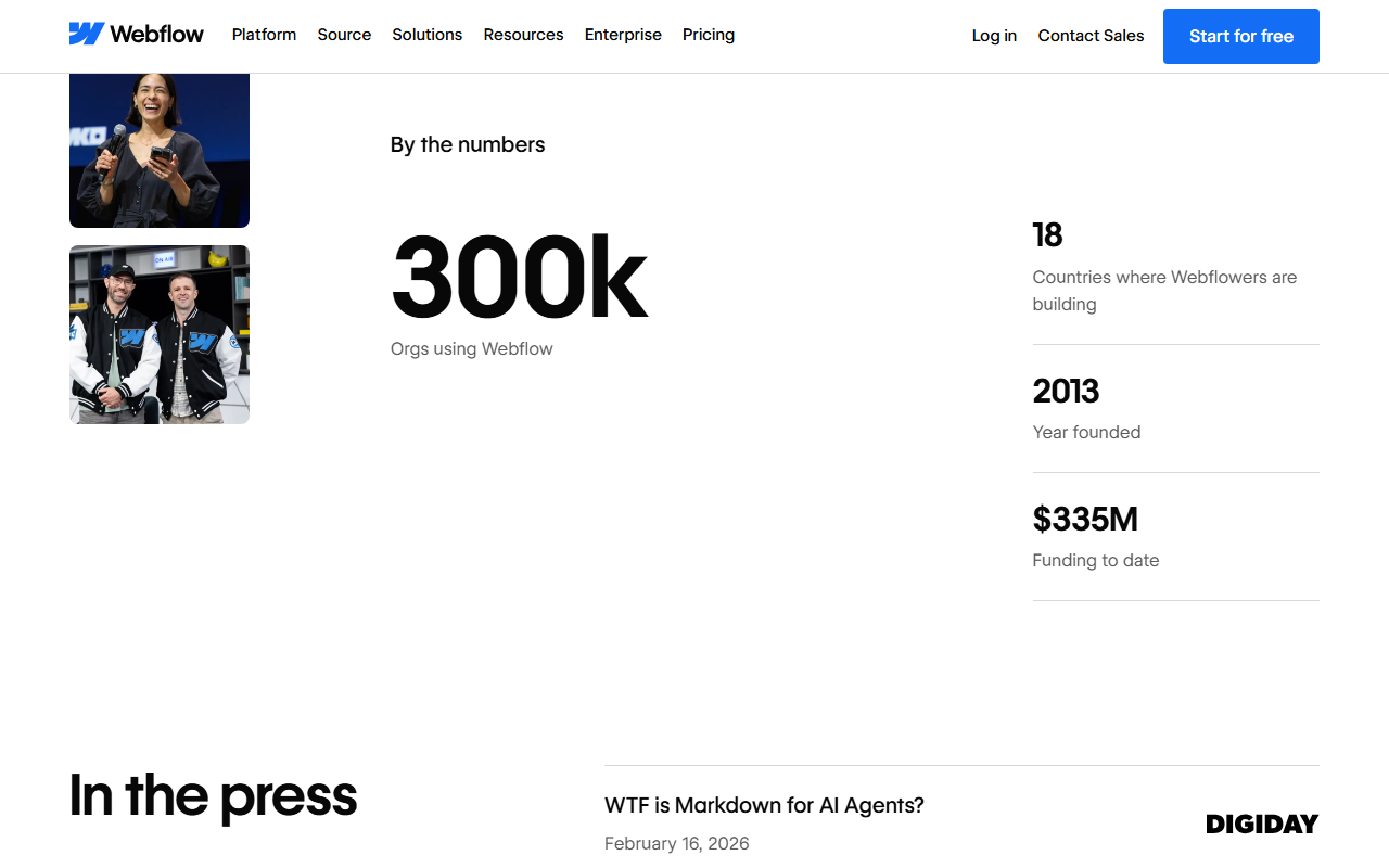 Webflow About page By the numbers section listing 300k orgs using Webflow, 18 countries where Webflowers are building, 2013 year founded and 335 million dollars funding to date