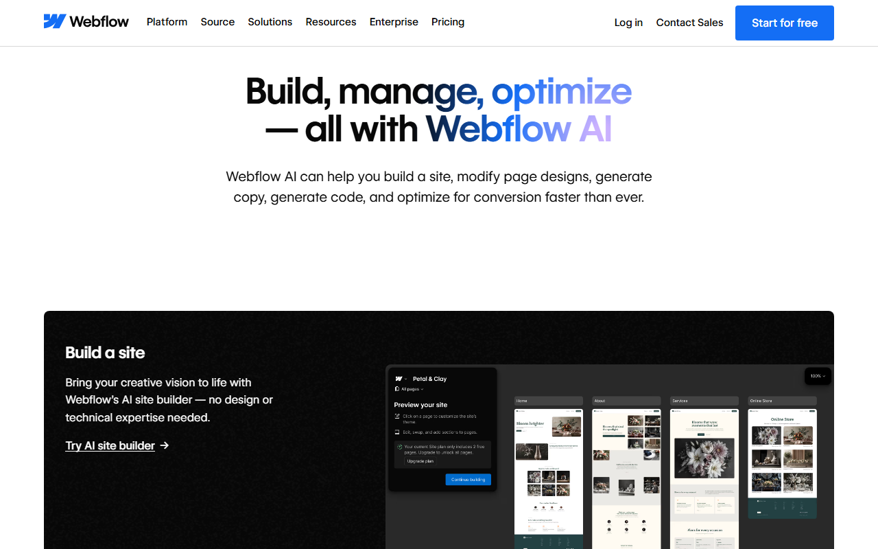 Webflow AI page section Build, manage, optimize, all with Webflow AI, with a Build a site card showing the AI site builder previewing several generated page layouts