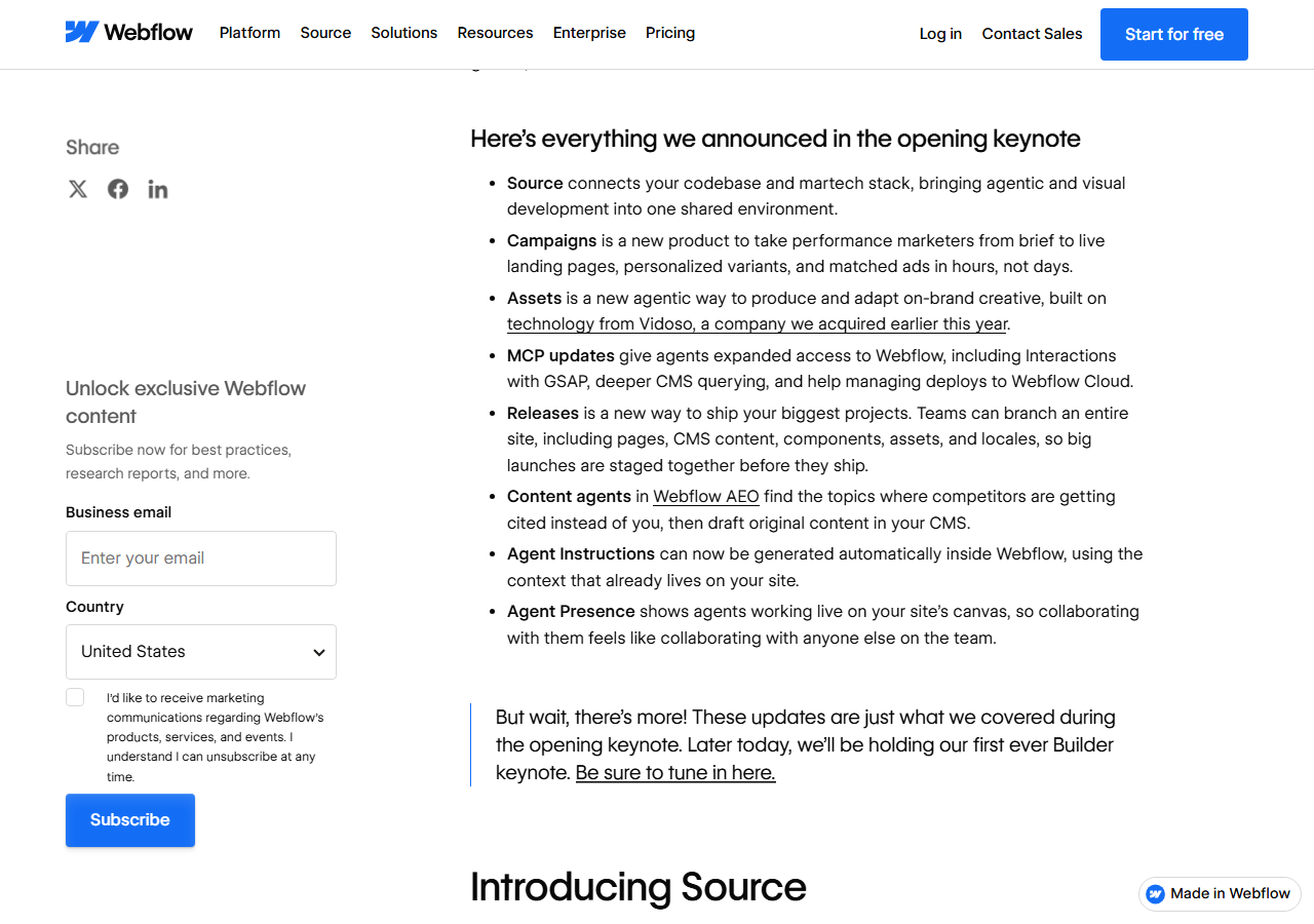 Webflow Conf 2026 announcements post listing Source, Campaigns, Assets built on technology from Vidoso, a company Webflow acquired earlier in the year, MCP updates, Releases, Content agents in Webflow AEO, Agent Instructions and Agent Presence