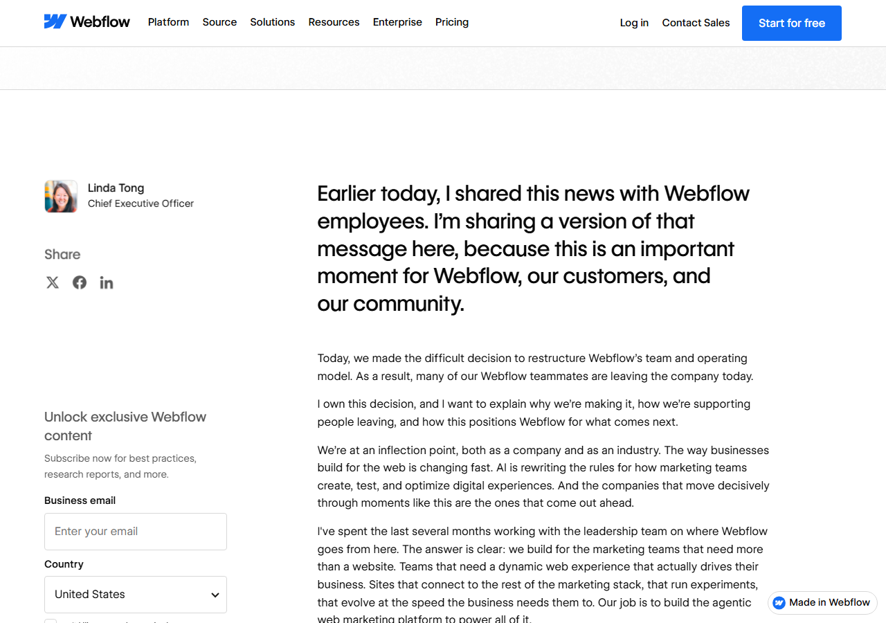 Webflow blog post by CEO Linda Tong opening with Earlier today, I shared this news with Webflow employees, followed by a paragraph saying the company made the difficult decision to restructure its team and operating model