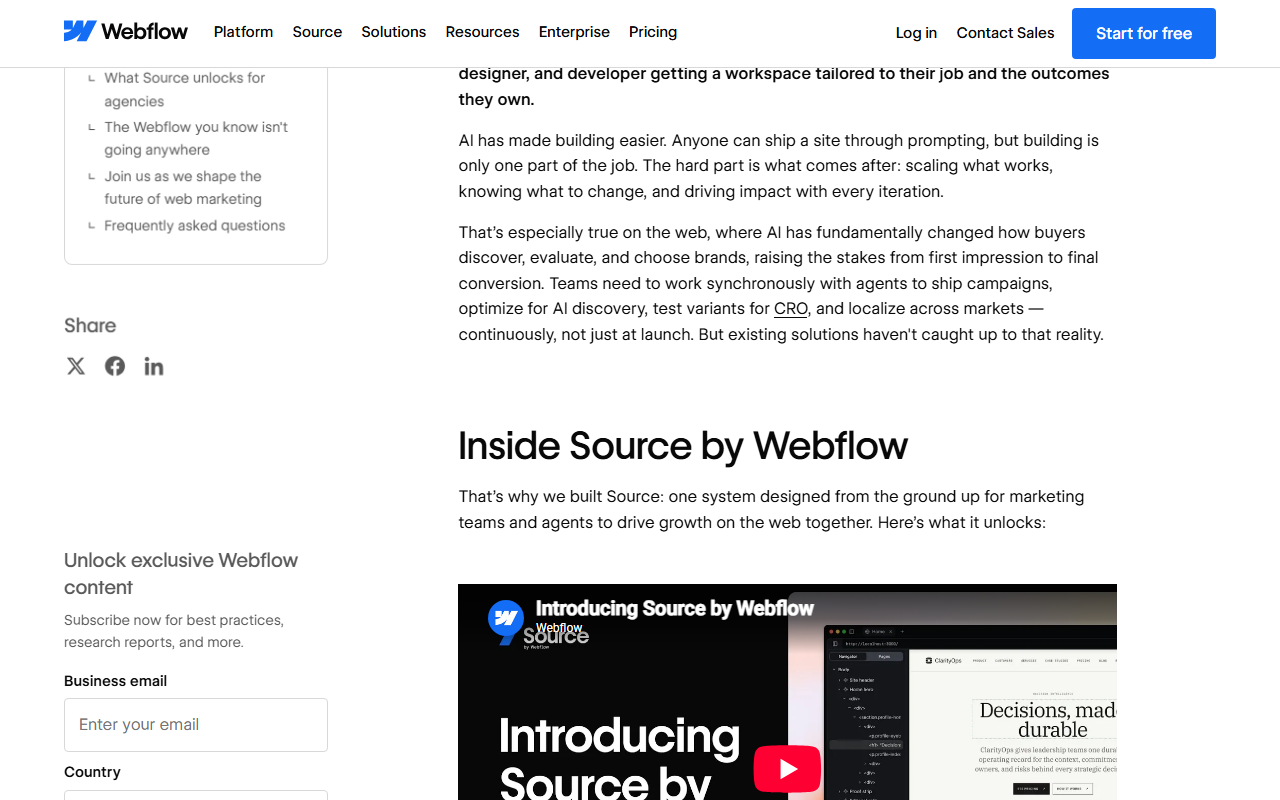 Webflow blog post Introducing Source by Webflow with a sidebar table of contents including The Webflow you know isn't going anywhere, body text about building with agents after launch, and an embedded Introducing Source by Webflow video