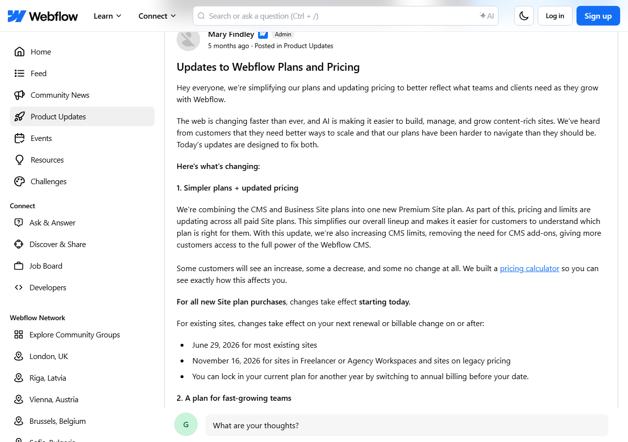 Webflow Community post by a Webflow admin titled Updates to Webflow Plans and Pricing, explaining the merged Premium plan, the June 29 and November 16, 2026 dates and the option to lock in a plan by switching to annual billing