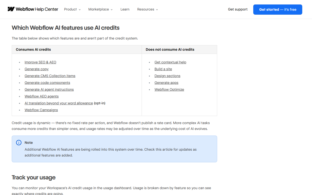 Table titled Which Webflow AI features use AI credits, listing features that consume credits such as Improve SEO and AEO, Generate copy and Webflow Campaigns, and features that do not such as Get contextual help, Build a site, Design sections, Generate apps and Webflow Optimize, above a note that there is no published rate card