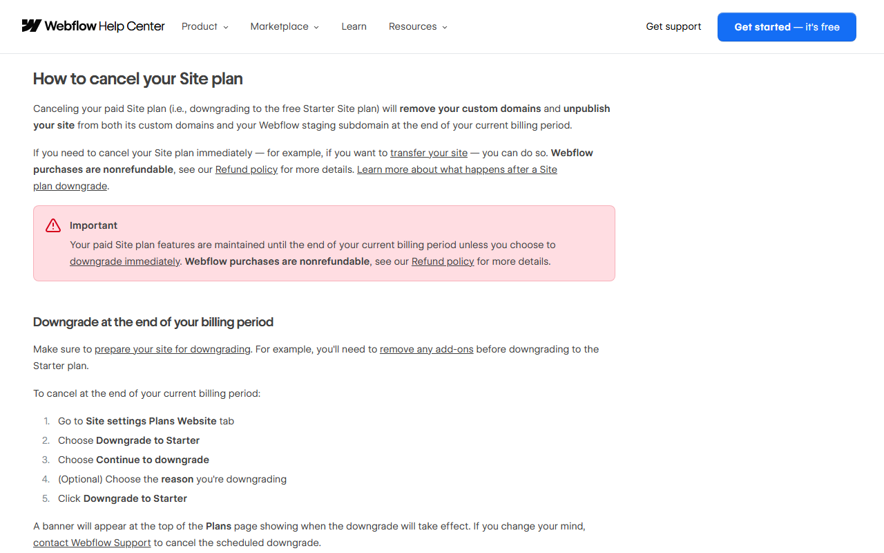 Help article section How to cancel your Site plan stating that downgrading to the free Starter plan removes custom domains and unpublishes the site from its custom domains and Webflow staging subdomain, with a red Important box saying Webflow purchases are nonrefundable