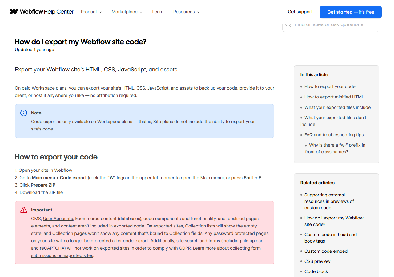 Webflow help article How do I export my Webflow site code, with a note that code export is only available on Workspace plans and a red Important box listing CMS, User Accounts, ecommerce, code components and localized content as not included