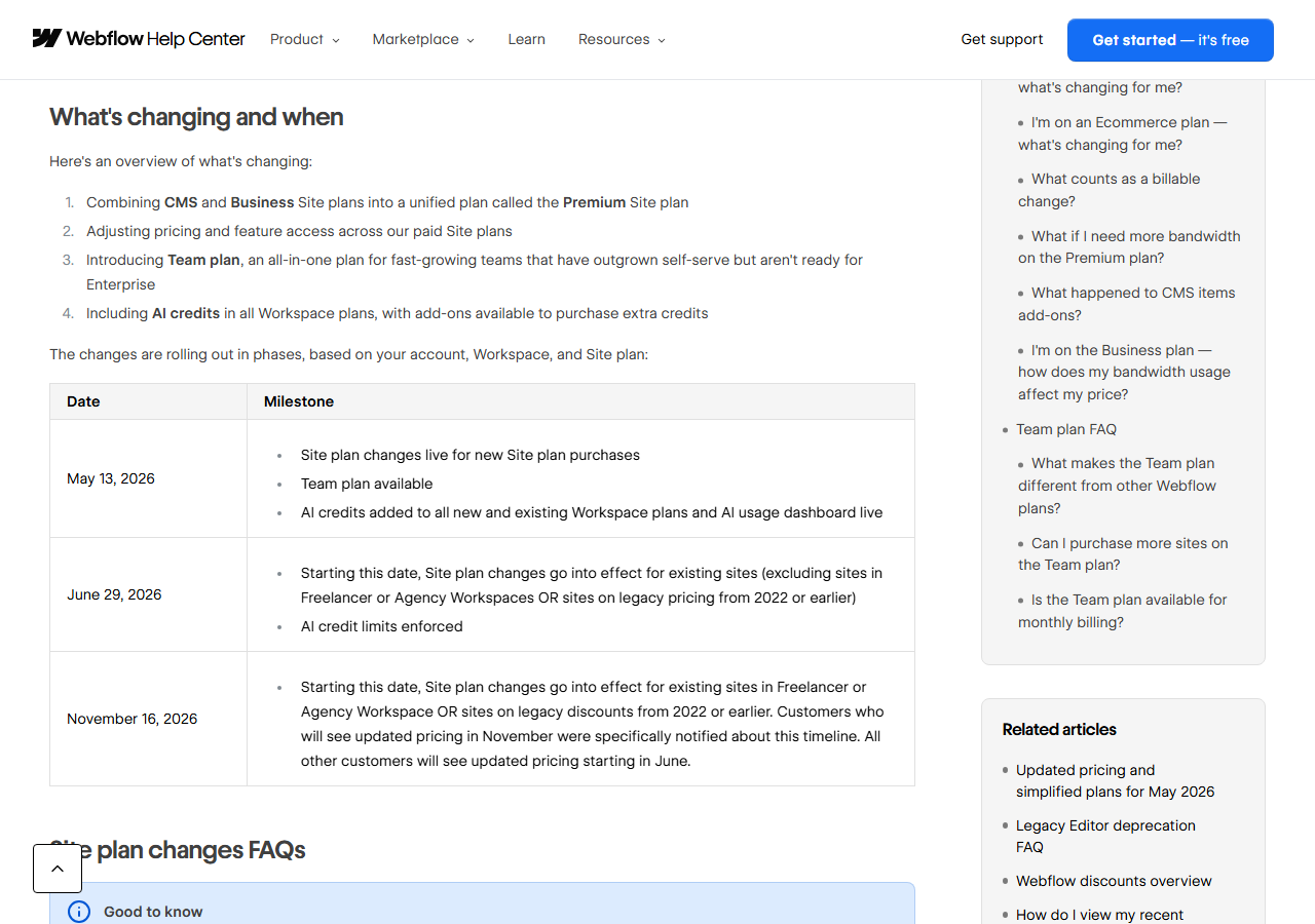Webflow help center article Updated pricing and simplified plans for May 2026, showing a What's changing and when list and a table of milestones for May 13, June 29 and November 16, 2026