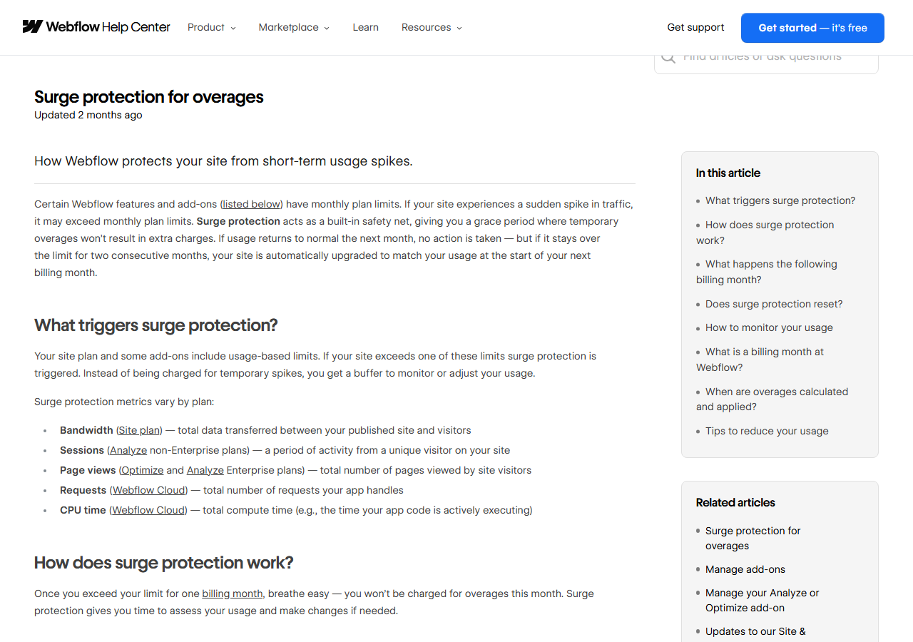 Webflow help article Surge protection for overages explaining a grace month for temporary spikes, the metrics that trigger it (bandwidth, sessions, page views, Webflow Cloud requests and CPU time) and the automatic upgrade after two consecutive months over the limit