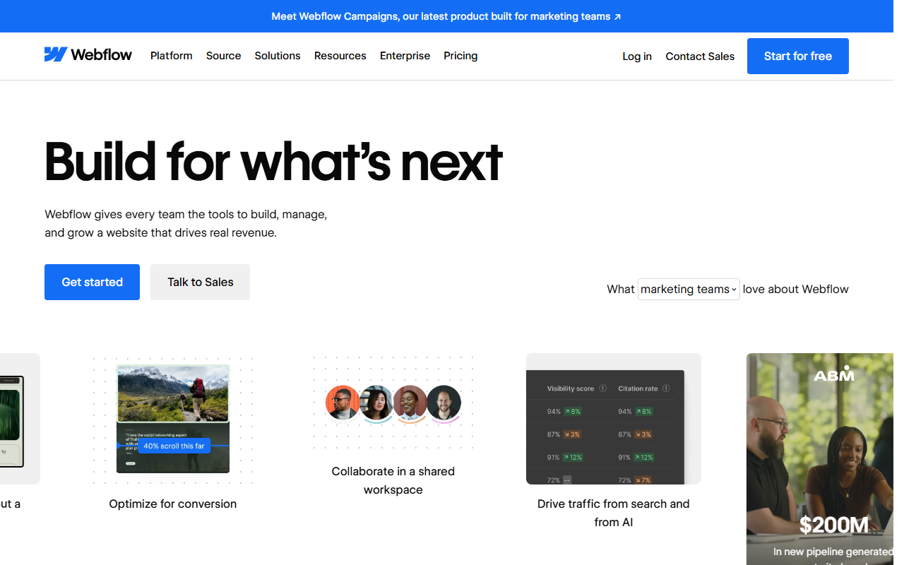 Webflow homepage with a blue banner announcing Webflow Campaigns, the headline Build for what's next, Get started and Talk to Sales buttons, and tiles about optimizing for conversion, collaborating in a shared workspace and driving traffic from search and AI