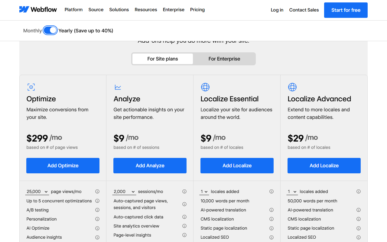 Add-ons for Site plans: Optimize at 299 dollars a month based on page views, Analyze at 9 dollars based on sessions, Localize Essential at 9 dollars based on number of locales, and Localize Advanced at 29 dollars based on number of locales