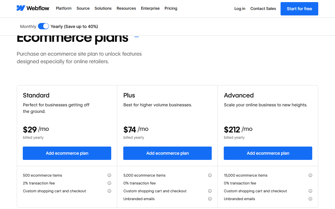 Ecommerce plans section showing Standard at 29 dollars a month billed yearly with 500 ecommerce items and a 2% transaction fee, Plus at 74 dollars with 5,000 items and 0% fee, and Advanced at 212 dollars with 15,000 items and 0% fee