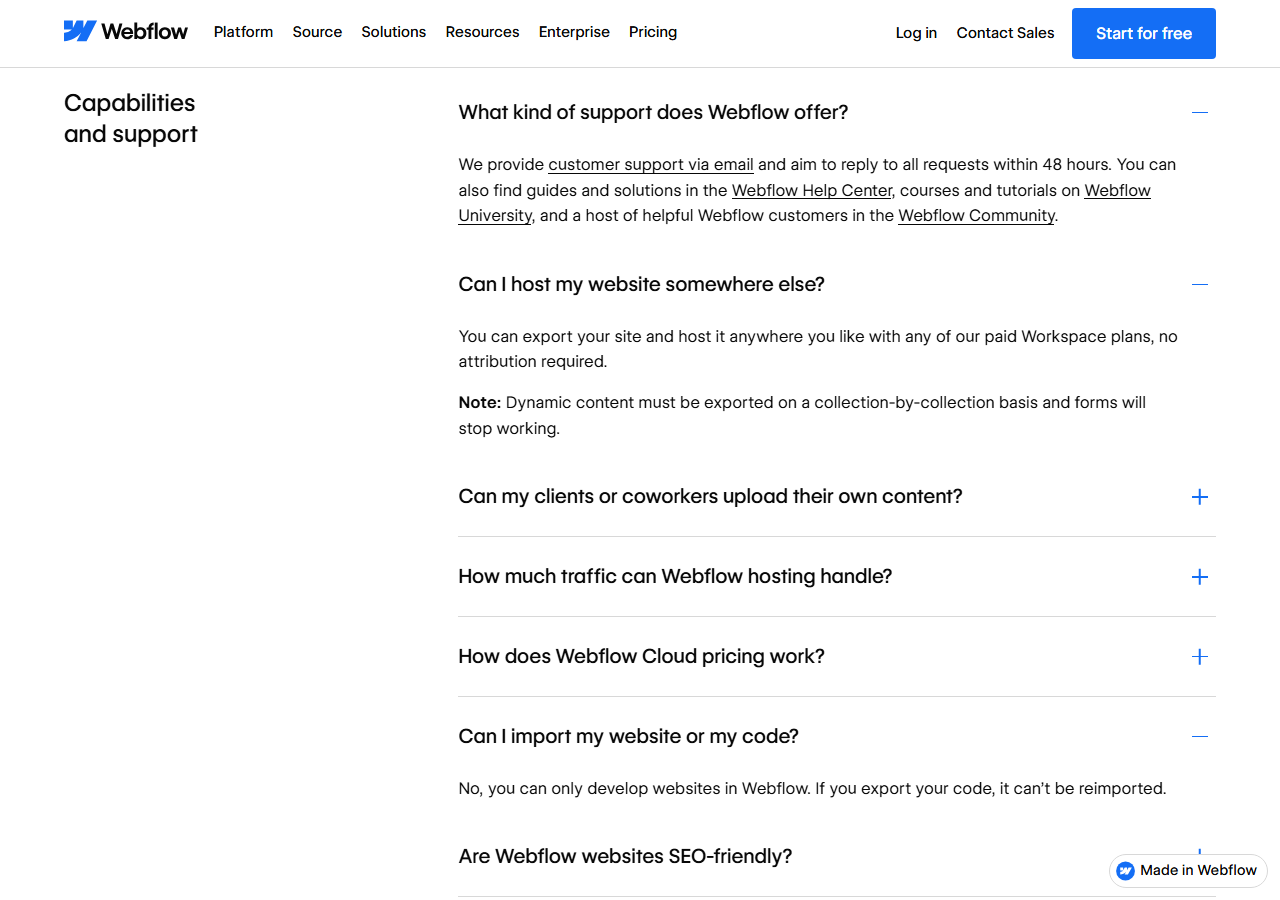 Pricing FAQ answers saying support is by email with a goal of replying within 48 hours, that a site can be exported and hosted elsewhere with a paid Workspace plan while forms stop working, and that exported code cannot be reimported