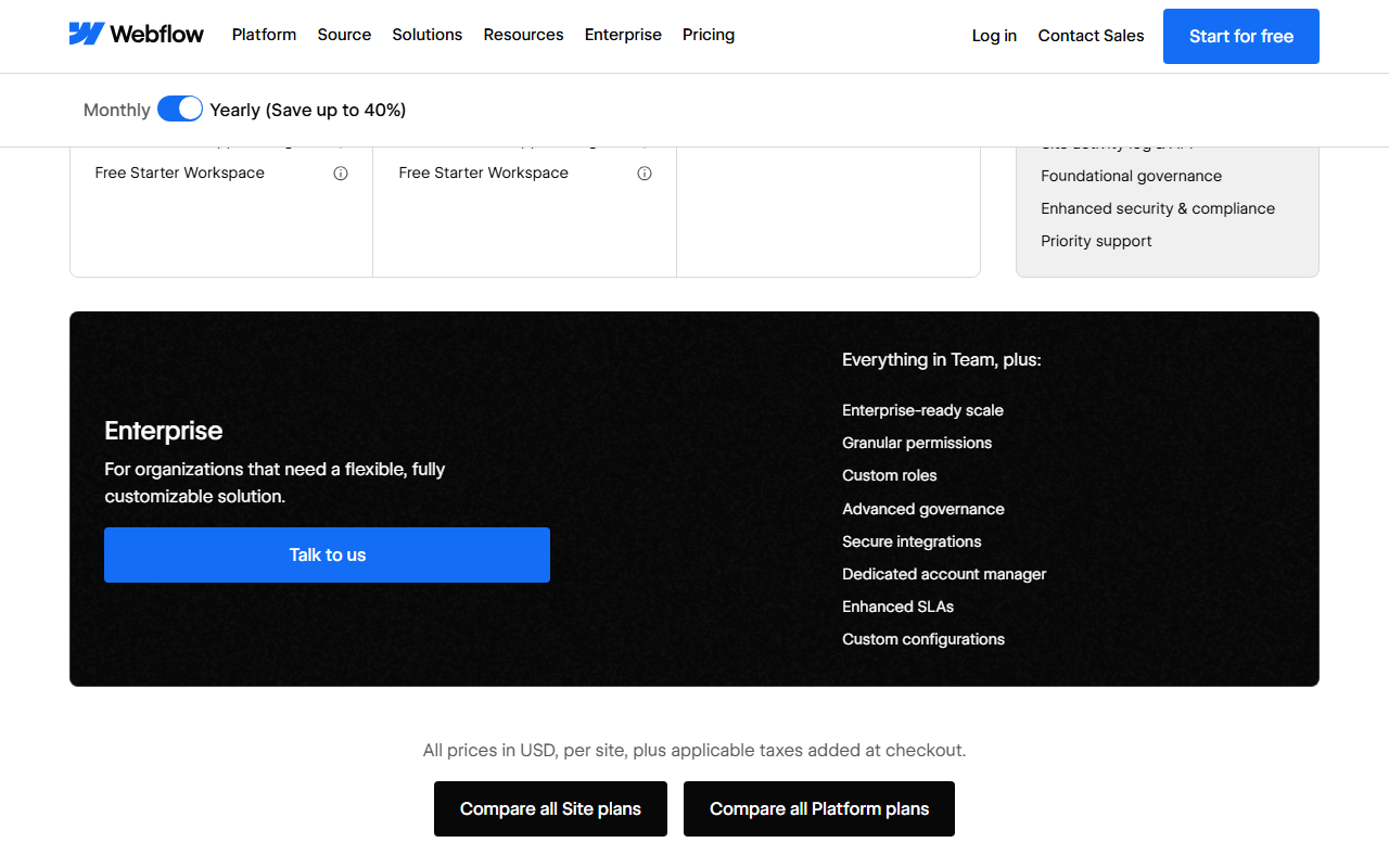 Webflow Enterprise card for organizations that need a flexible, fully customizable solution, listing enterprise-ready scale, granular permissions, custom roles, advanced governance, secure integrations, a dedicated account manager, enhanced SLAs and custom configurations, above the note All prices in USD, per site, plus applicable taxes