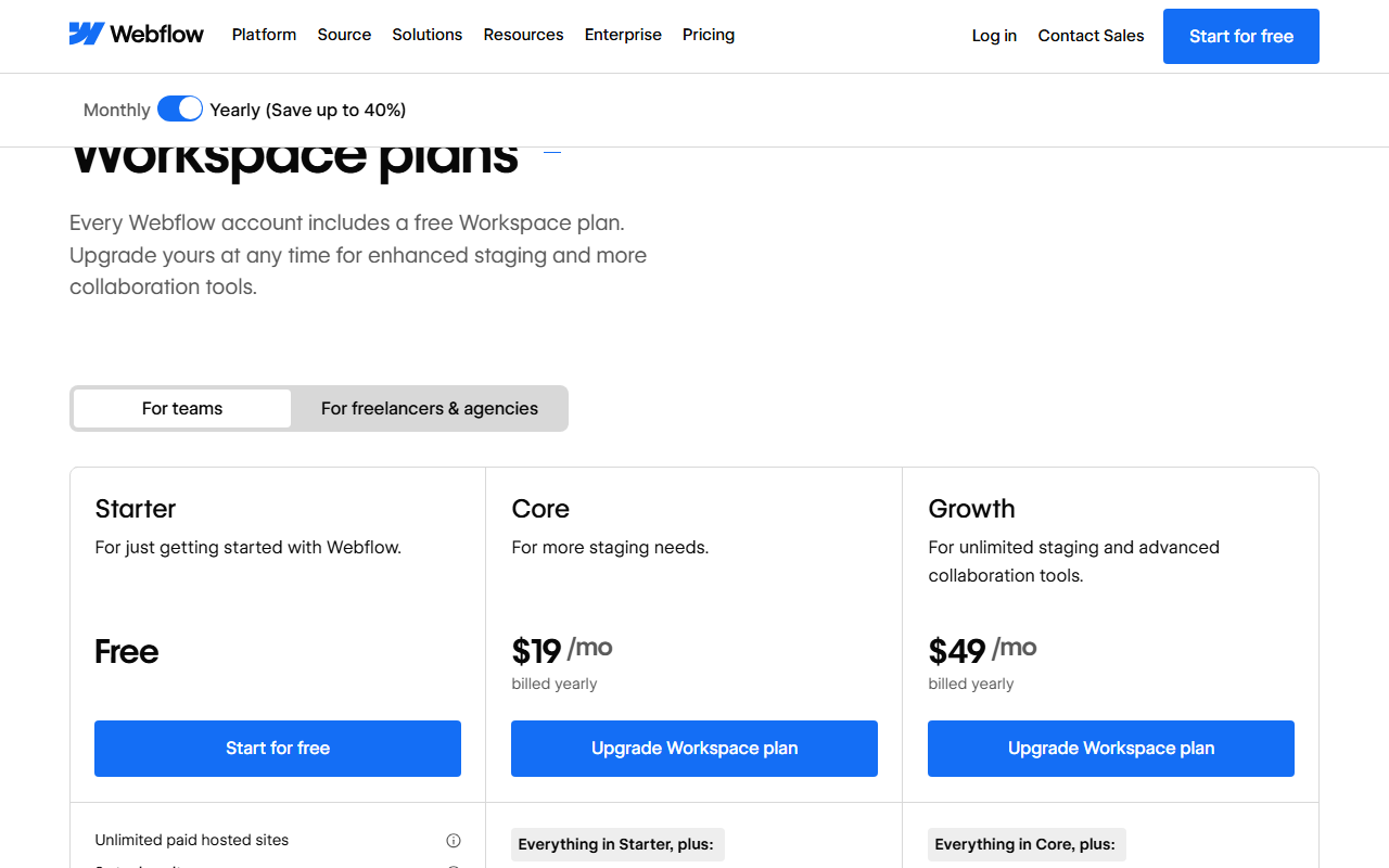 Workspace plans section with the For teams tab selected, showing Starter free, Core at 19 dollars a month billed yearly and Growth at 49 dollars a month billed yearly
