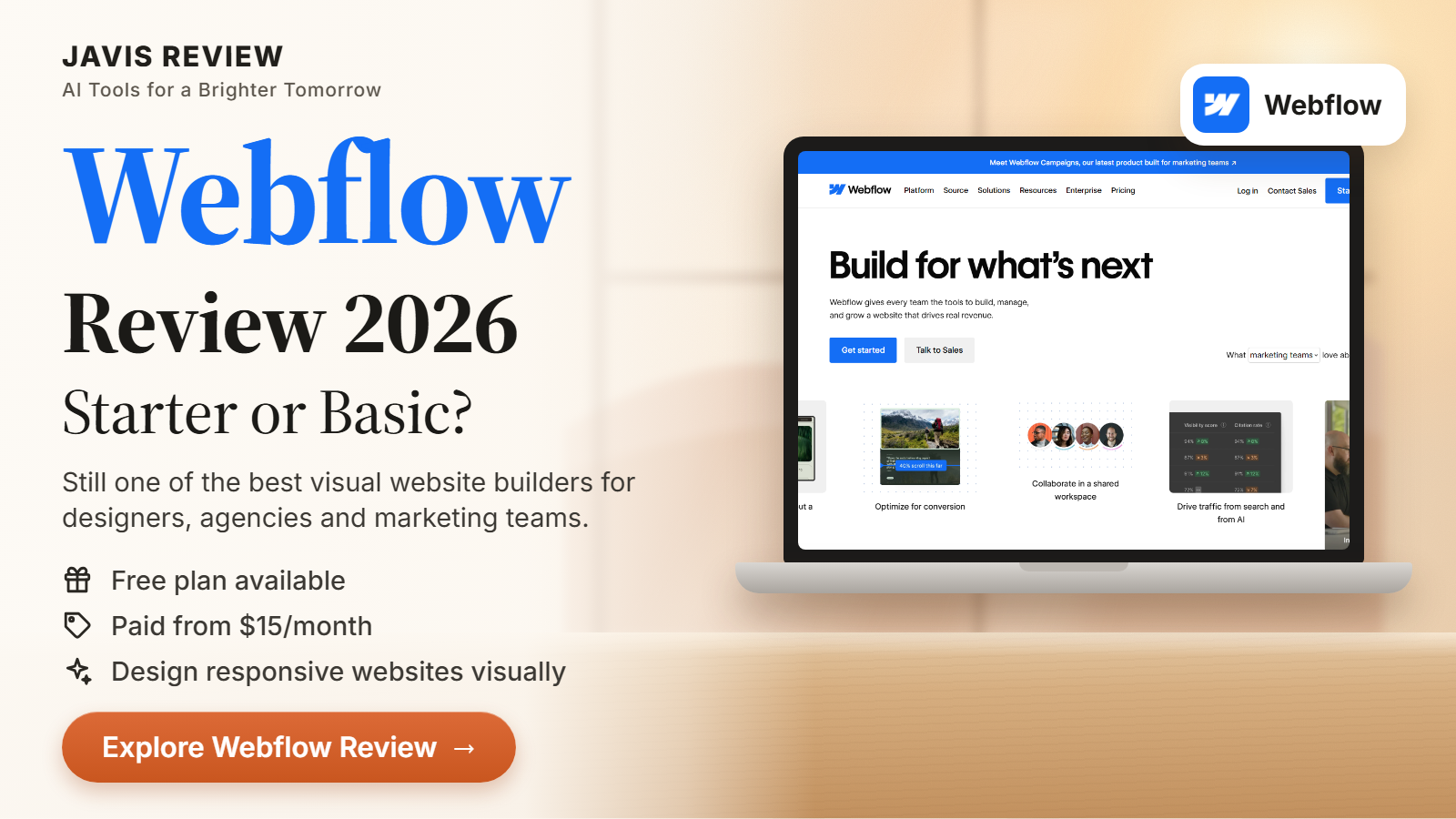 JAVIS thumbnail for the Webflow review 2026 card
