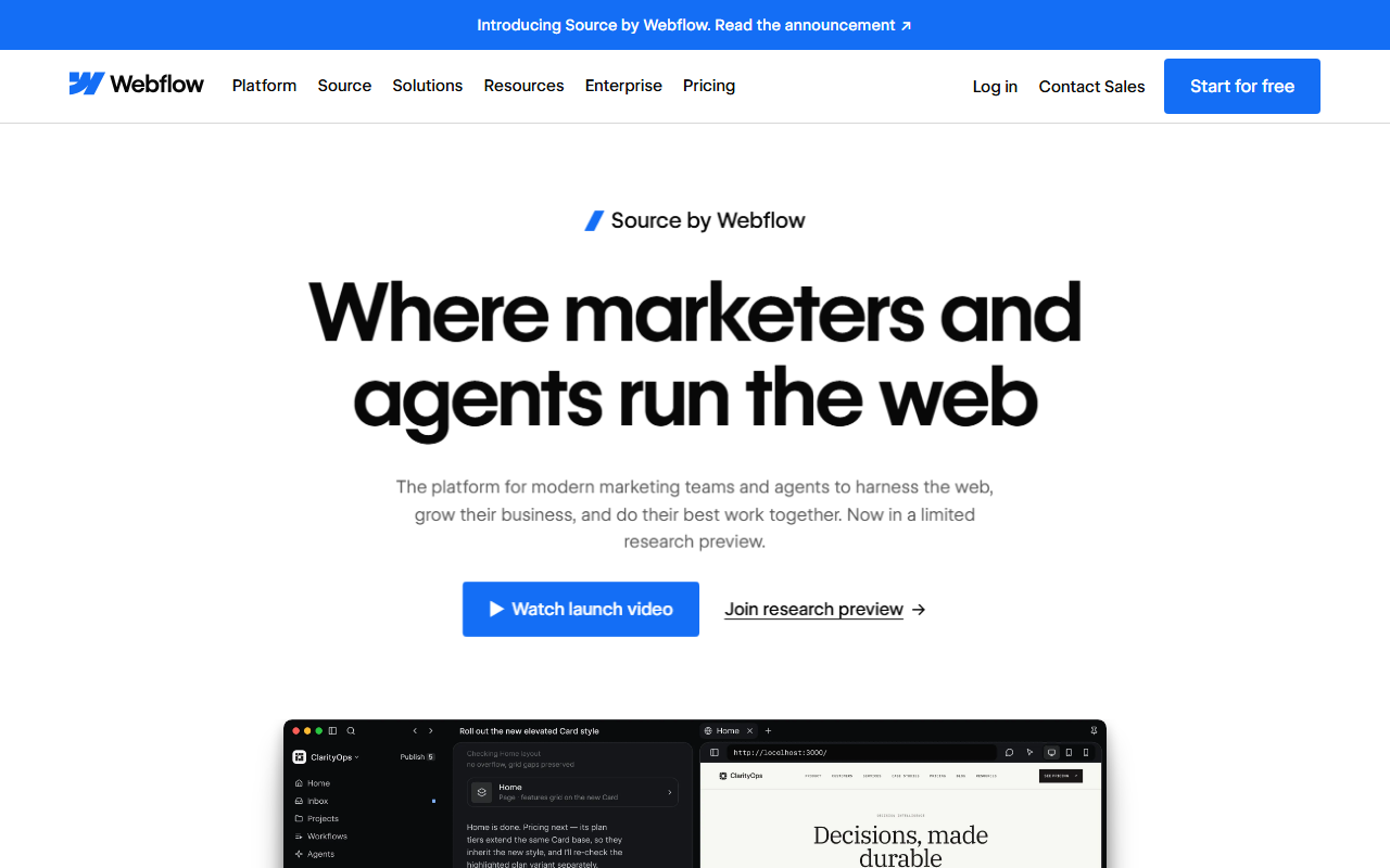 Source by Webflow page headed Where marketers and agents run the web, describing a platform for marketing teams and agents now in a limited research preview, with Watch launch video and Join research preview buttons