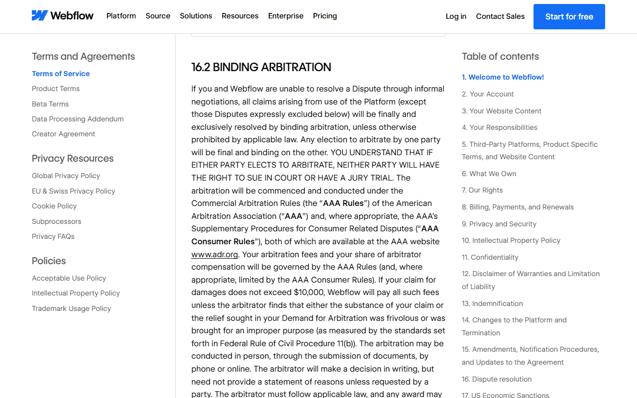 Terms of Service section 16.2 Binding Arbitration, describing arbitration under the American Arbitration Association rules, the waiver of court and jury trial, and Webflow paying fees for claims that do not exceed 10,000 dollars