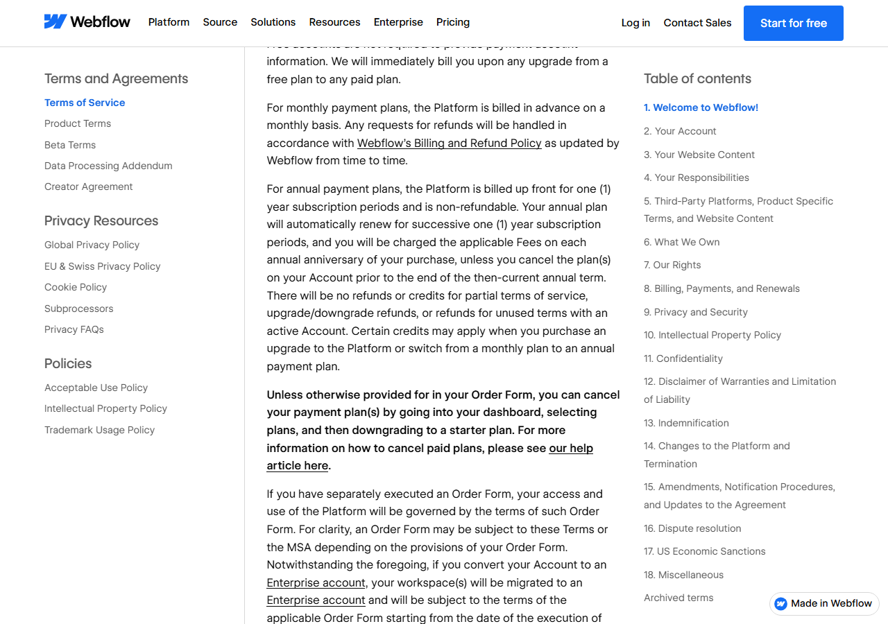 Webflow Terms of Service section 8 text stating that annual payment plans are billed up front for one year, are non-refundable and automatically renew each year unless cancelled before the end of the annual term