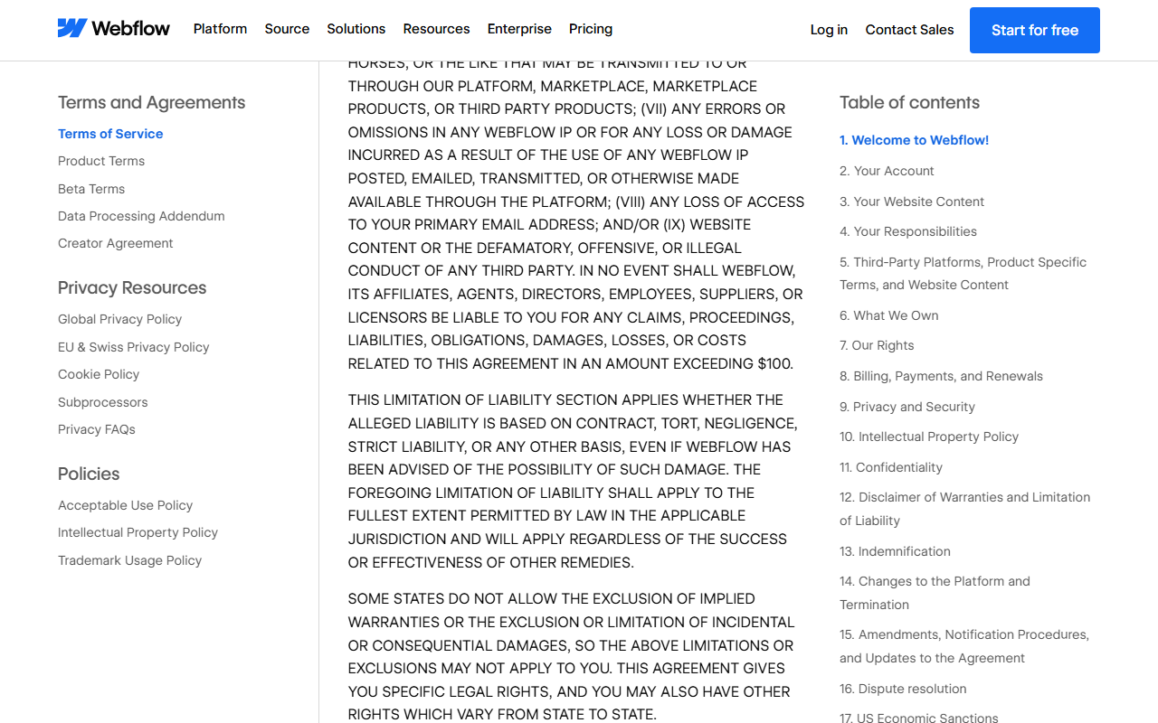 Terms of Service section 12 in capital letters, ending with the sentence that Webflow and its affiliates will not be liable for claims related to the agreement in an amount exceeding 100 dollars