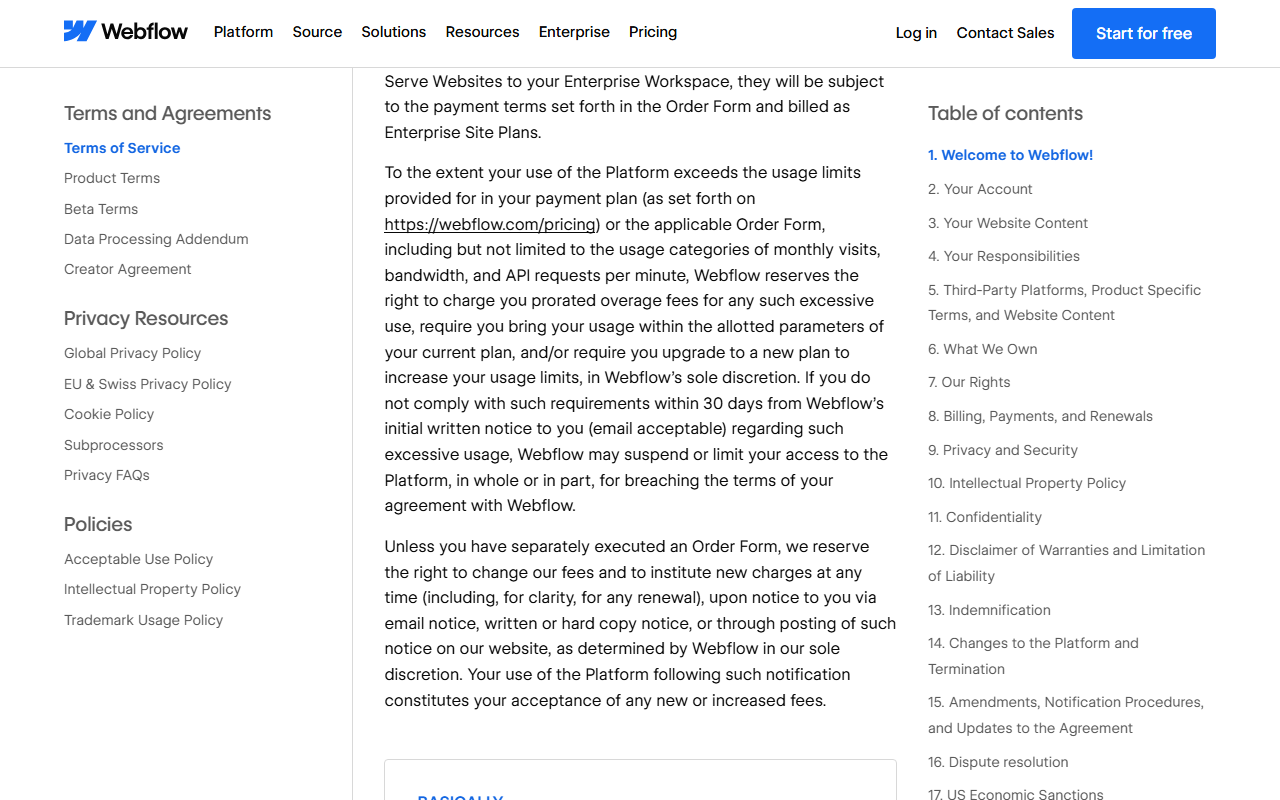 Terms of Service paragraph saying Webflow may charge prorated overage fees when usage exceeds plan limits such as monthly visits, bandwidth and API requests per minute, may require an upgrade, and may suspend access after 30 days, followed by a paragraph reserving the right to change fees at any time including at renewal