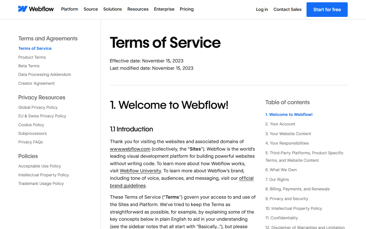 Webflow Terms of Service page header showing Effective date November 15, 2023 and Last modified date November 15, 2023, with the Terms and Agreements menu and a table of contents