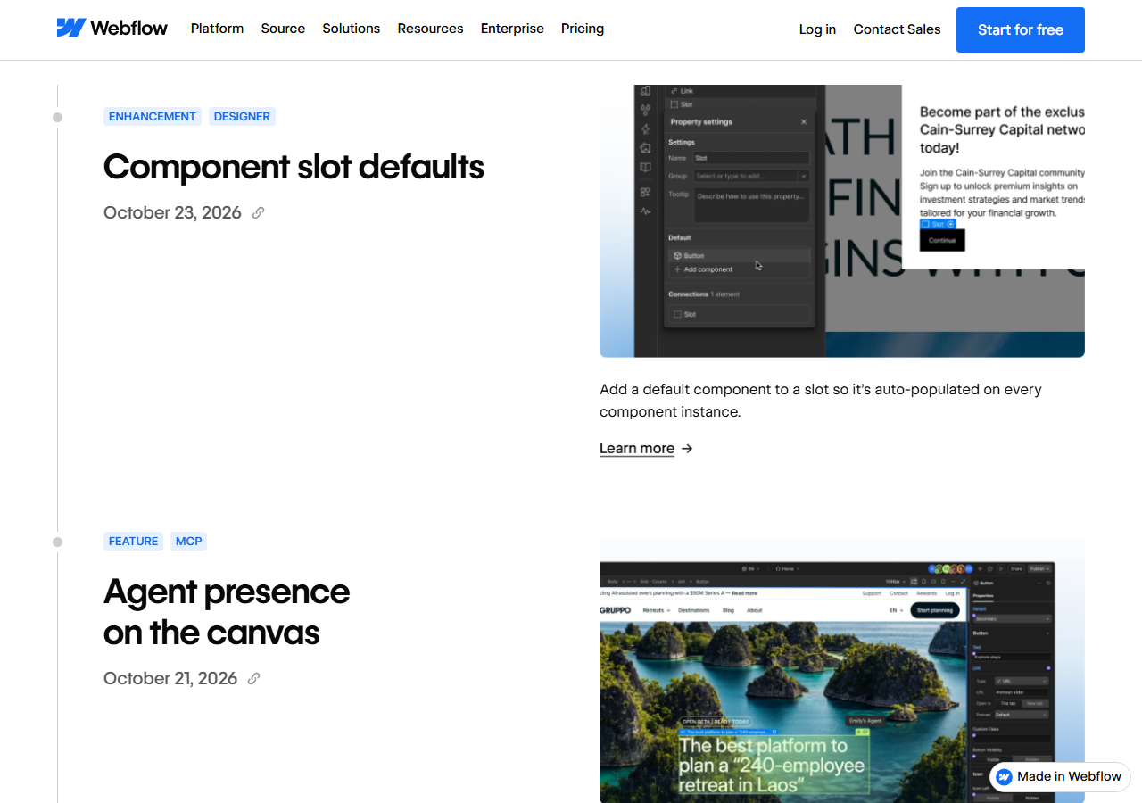 Webflow updates page listing Component slot defaults on October 23, 2026, which adds a default component to a slot, and Agent presence on the canvas on October 21, 2026