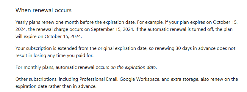 WordPress.com support guide section When renewal occurs: yearly plans renew one month before the expiration date, for example a plan expiring October 15, 2024 is charged on September 15, 2024; monthly plans renew on the expiration date