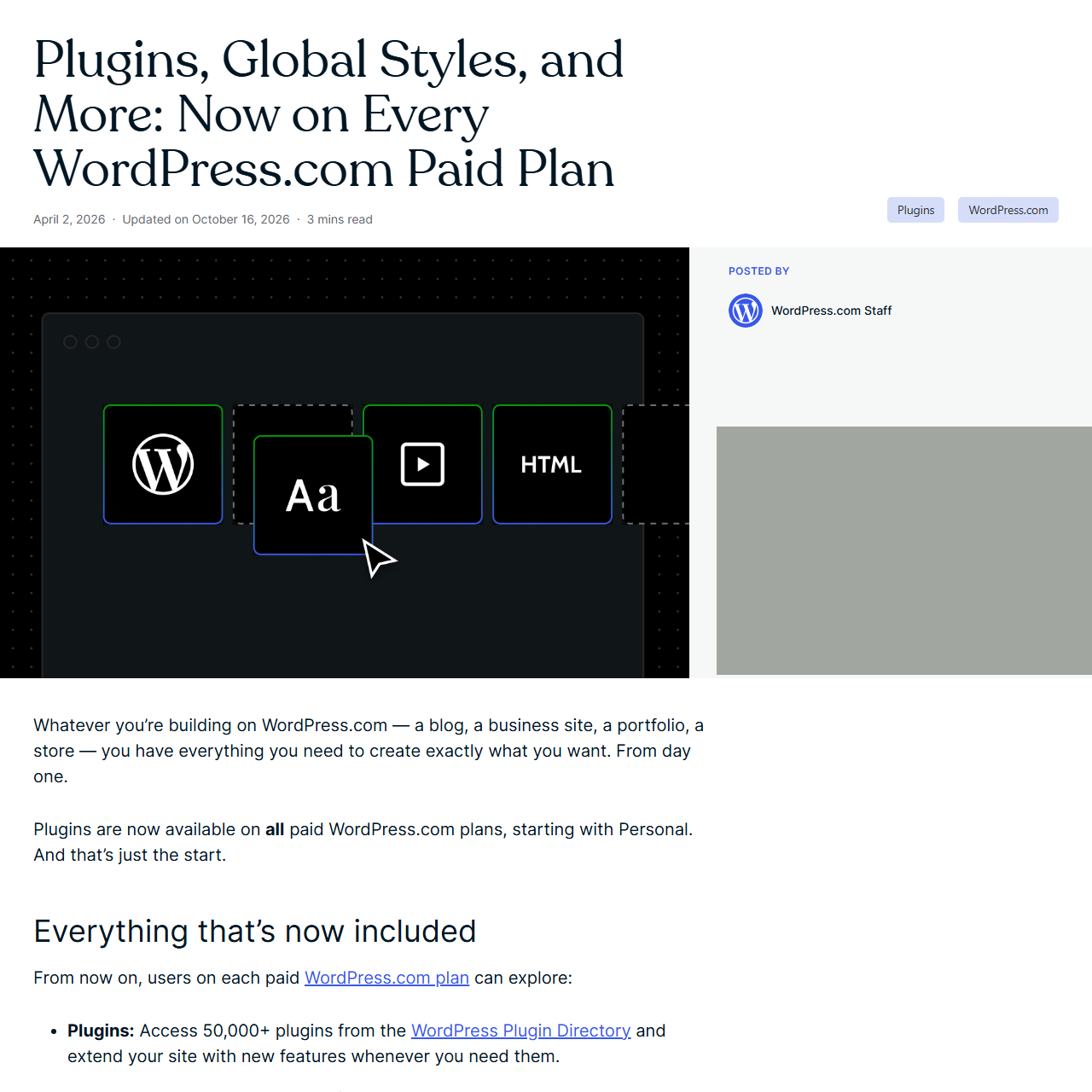 WordPress.com blog post Plugins, Global Styles, and More: Now on Every WordPress.com Paid Plan, dated April 2, 2026, updated October 16, 2026, posted by WordPress.com Staff, saying plugins are now available on all paid WordPress.com plans, starting with Personal, and listing Plugins: access 50,000+ plugins from the WordPress Plugin Directory; a grey box covers a related-reading sidebar
